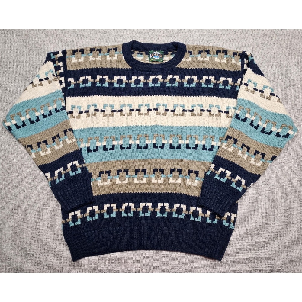 Vintage Jantzen Sweater Mens XL Blue Tan Geometric Knit Pullover Pattern 90s